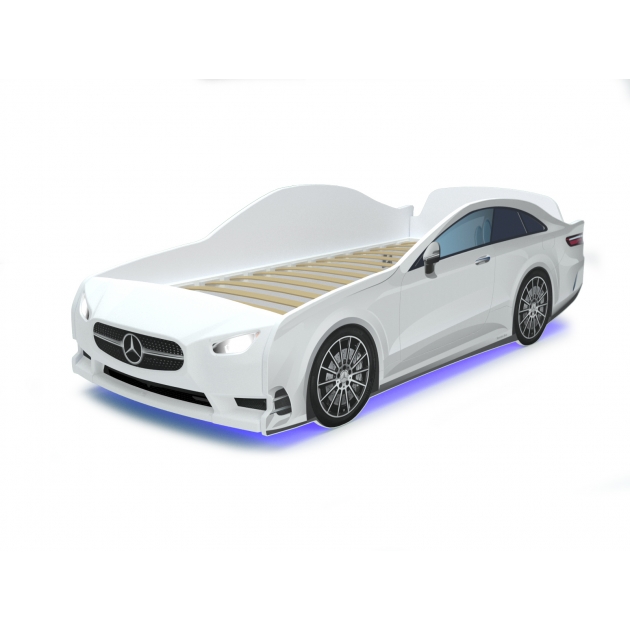 Кровать машина Mercedes с подсветкой фар дна и колесами White